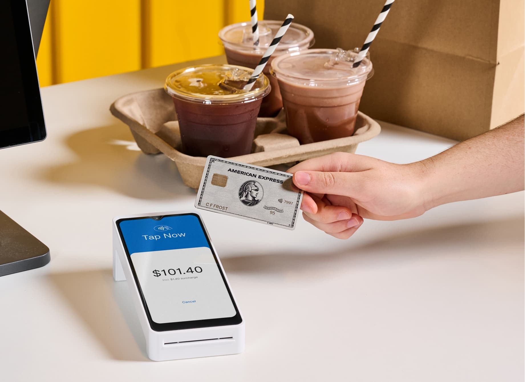 White EFTPOS Terminal in a cafe with an AMEX platinum card.