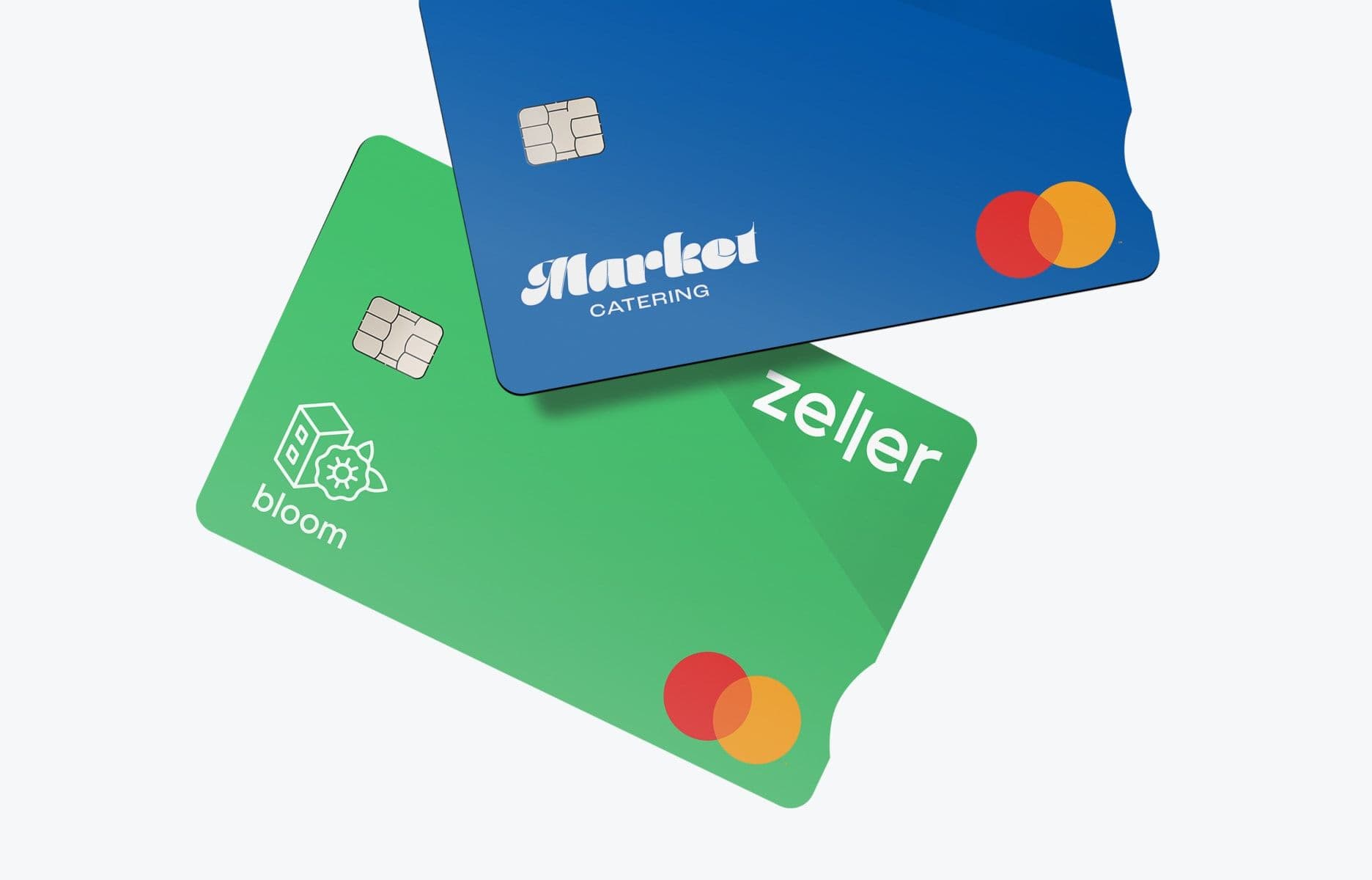 Zeller - Corporate Cards in blue and green with custom logos