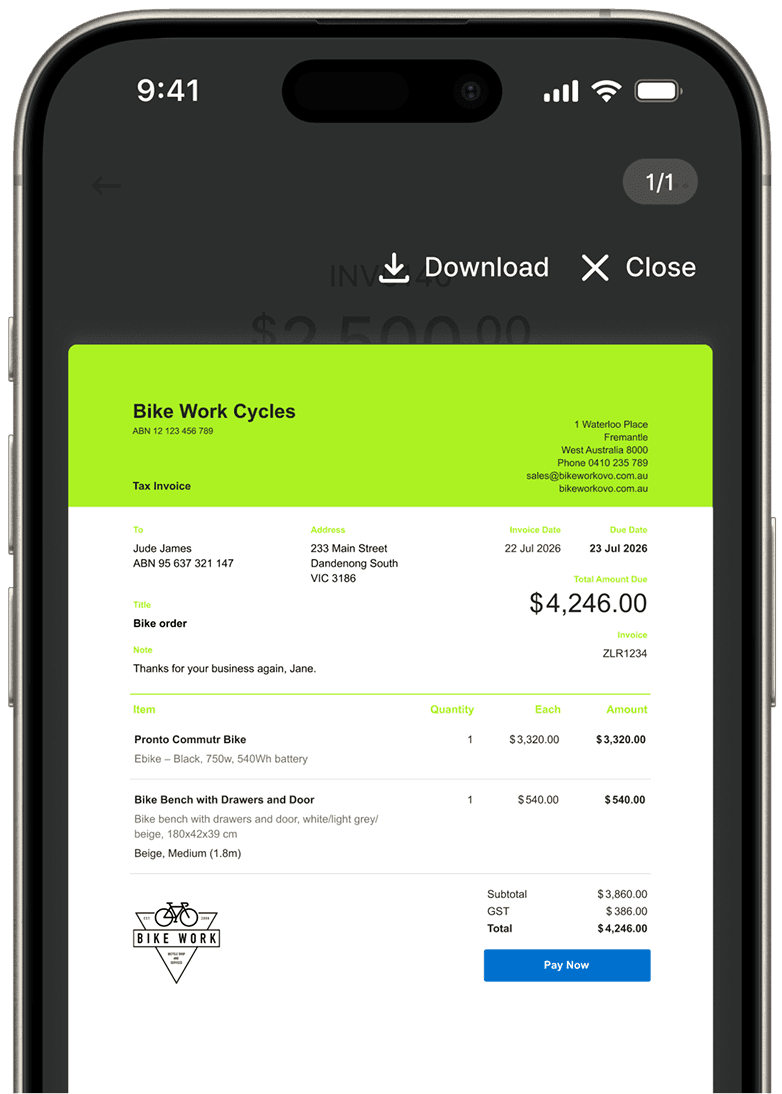 Smartphone screen displaying an online invoice from "Bike Work Cycles" for $4,246 on a green invoice template.